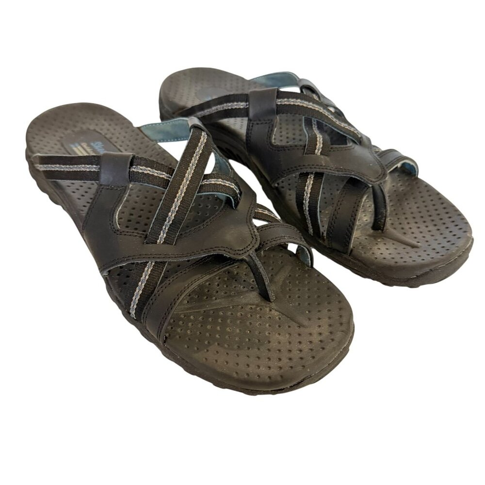 Skechers Strappy Flip Flops 10 US Black Comfort Sandals 46720 Slip On Thong